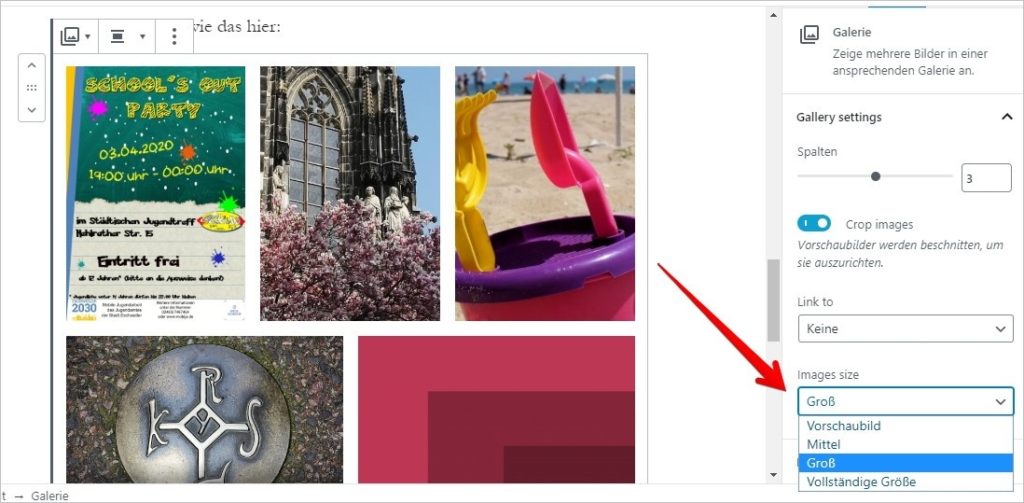 Gutenberg WordPress Bildgröße Galerie