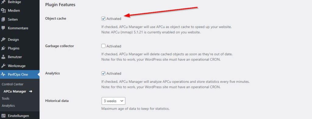 APCu Manager: Settings - Object Cache (bei WordPress 6.1)
