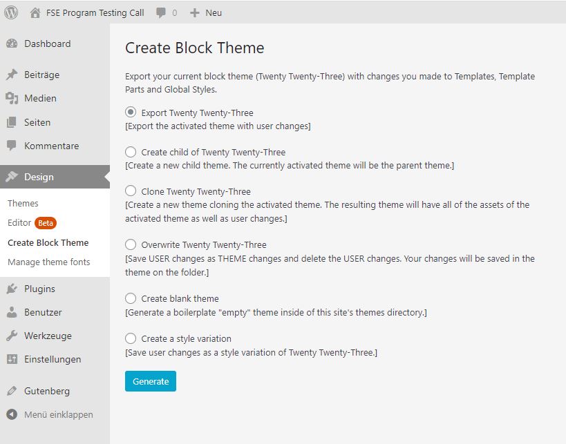 Die Optionen unter Create Block Theme: Theme Export und Style Variation