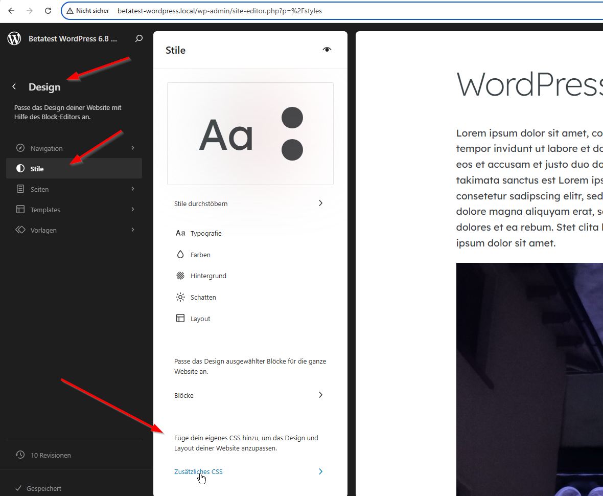 Zugriff auf "Zusätzliches CSS" in WordPres 6.8