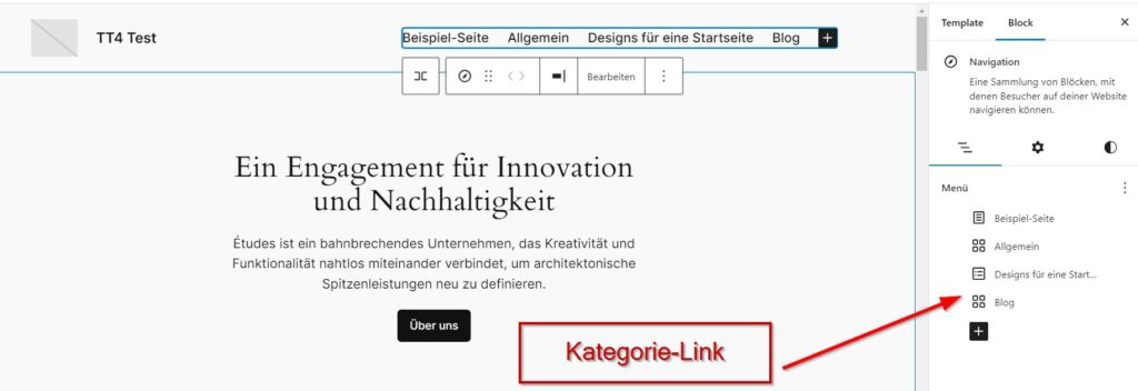 Ein Kategorie-Link im Navigationsmenü eines Block Themes wie Twenty Twenty-Four