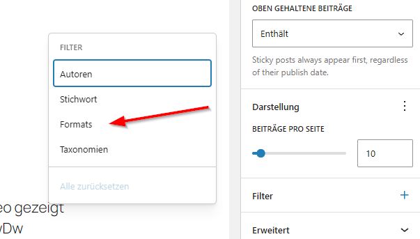 Auswahl eines Filters für den Query Loop