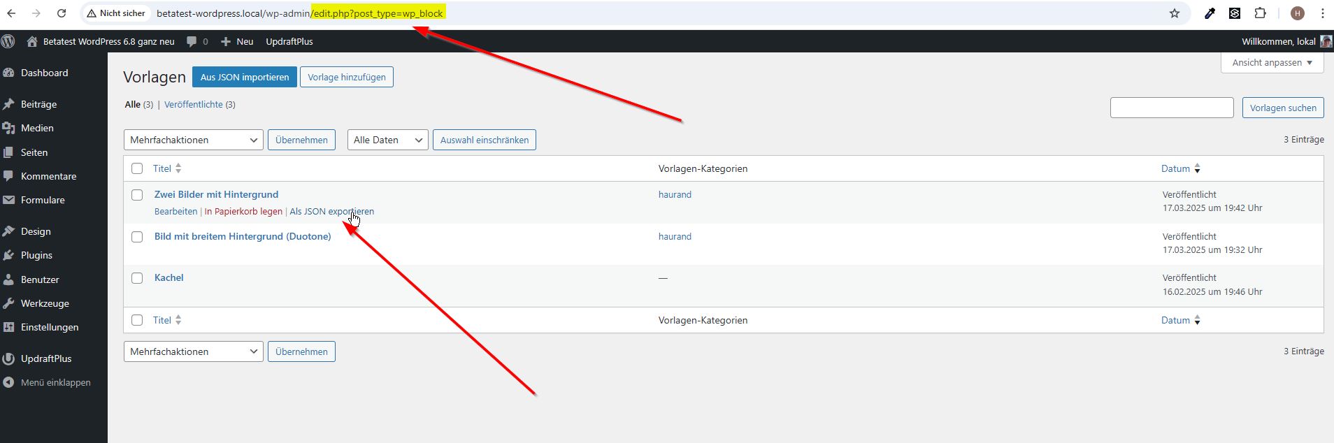 Vorlagen verwalten in der "alten" Ansicht mit der Option JSON-Export