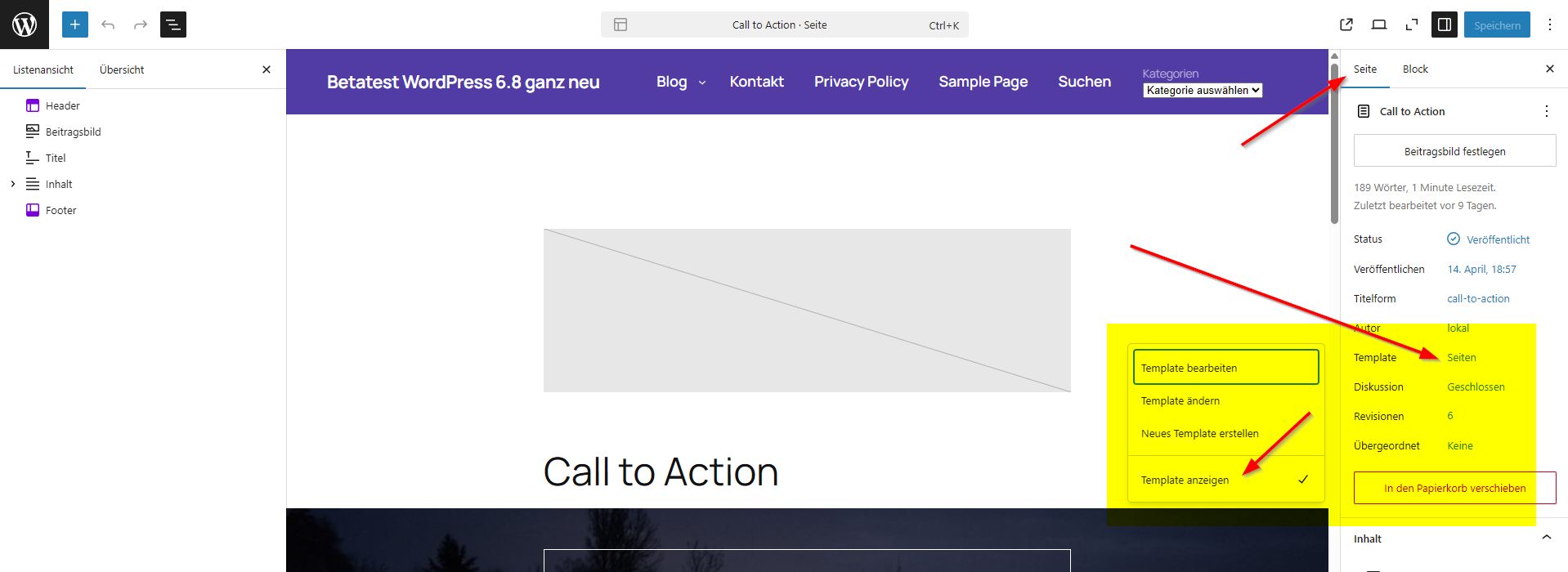 Block Theme: Neue Option „Template anzeigen“ in WordPress 6.8