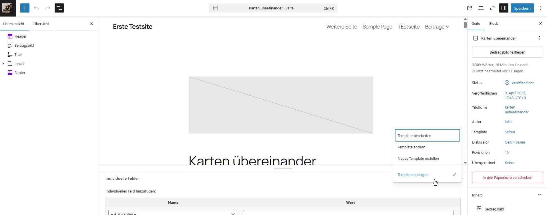 Weitere Option bei Auswahl des Templates
