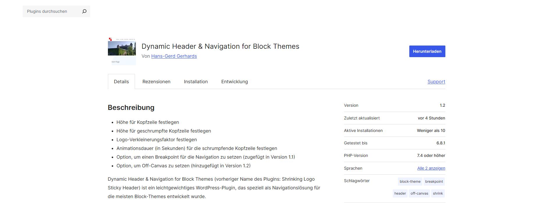 Plugin mit Shrinking Logo und Sticky Header für Block Themes