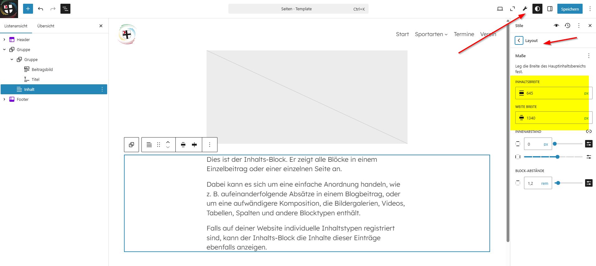 Einstellungen bei Stile > Layout