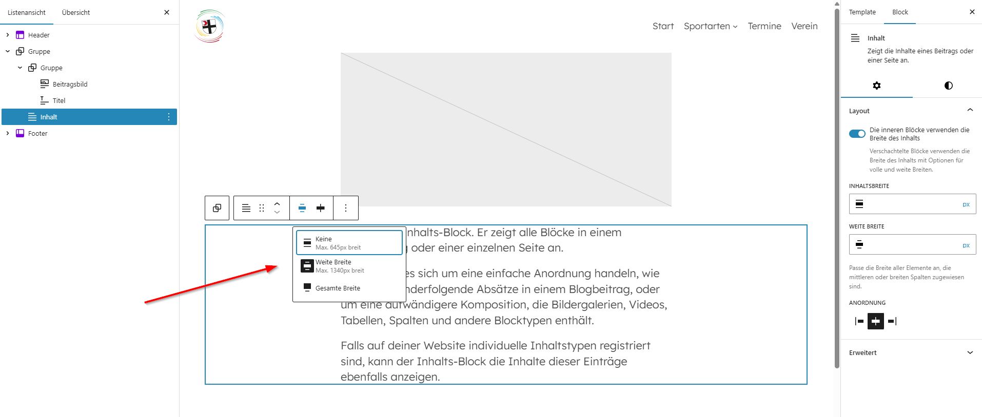 Einstellungen für Ausrichtung beim Content-Block