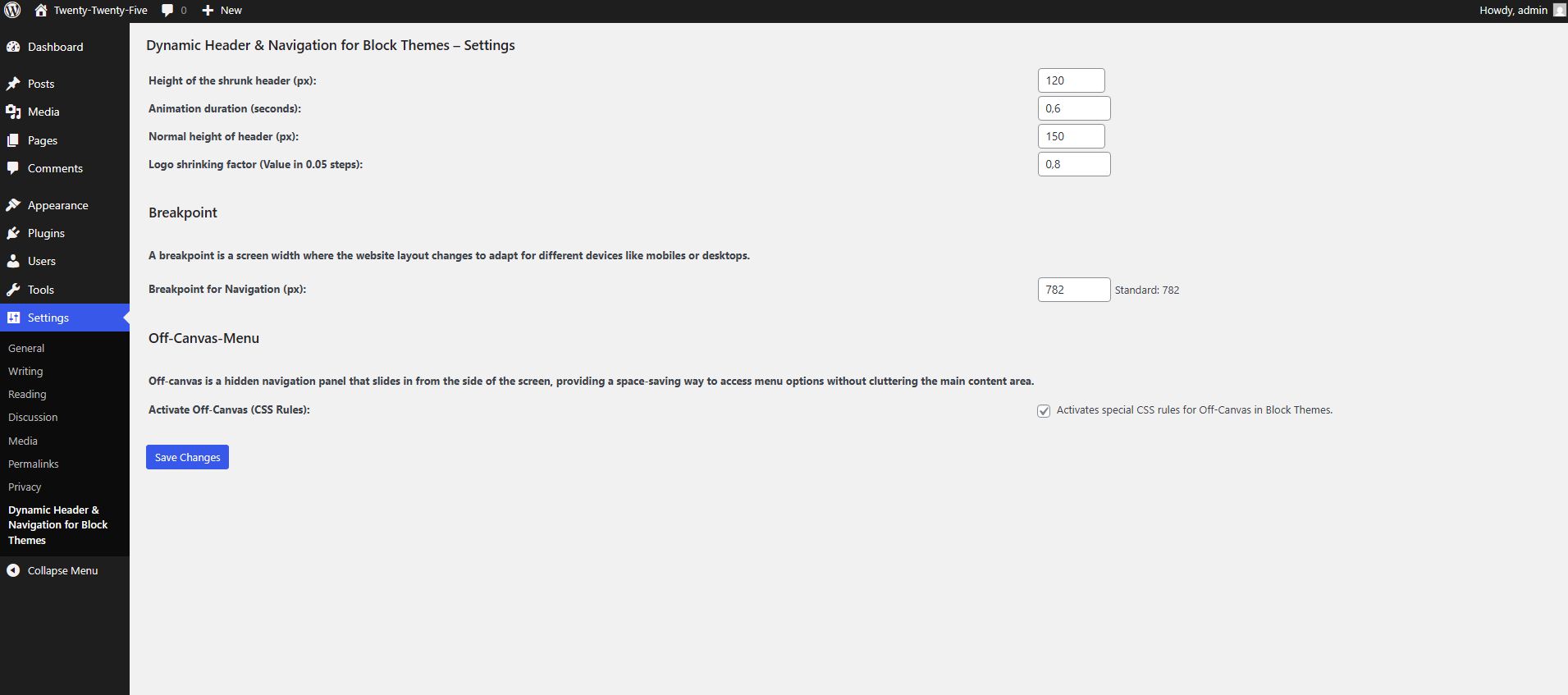 Settings of the Plugin