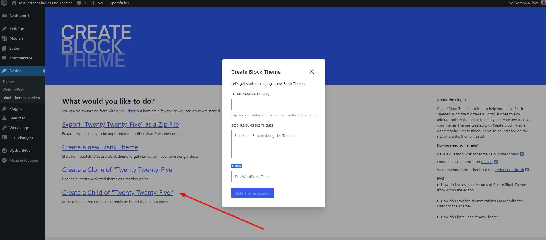 Erstellung eines Child Themes mit dem Plugin Create Block Theme