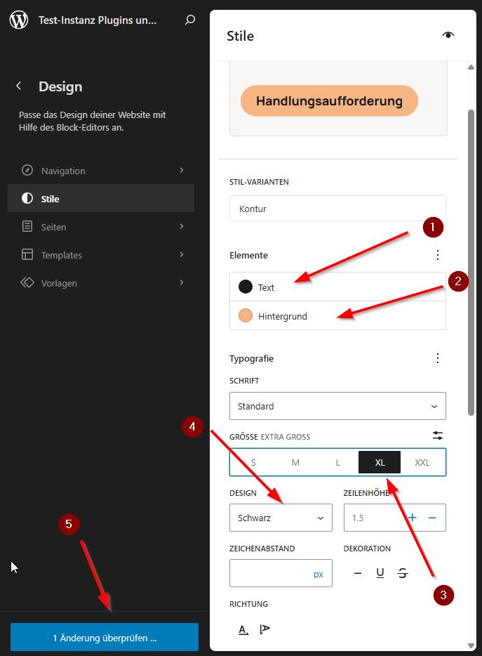 Globale Blöcke: Einstellungen beim Button-Block 